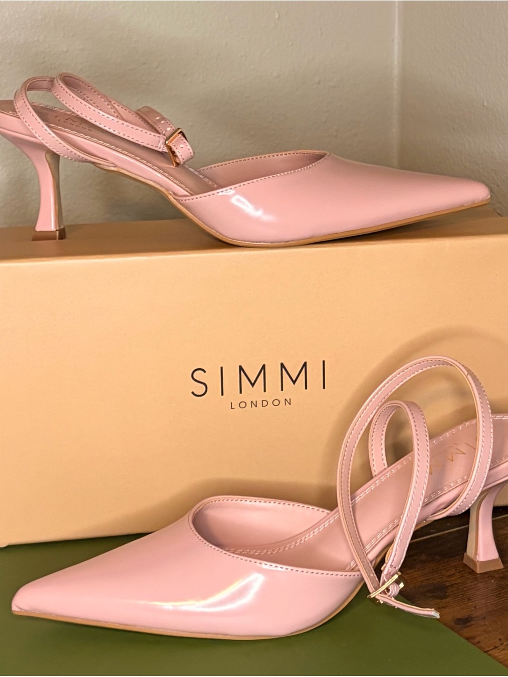 SIMMI London Pink Patent Pointed Slingback Heels
